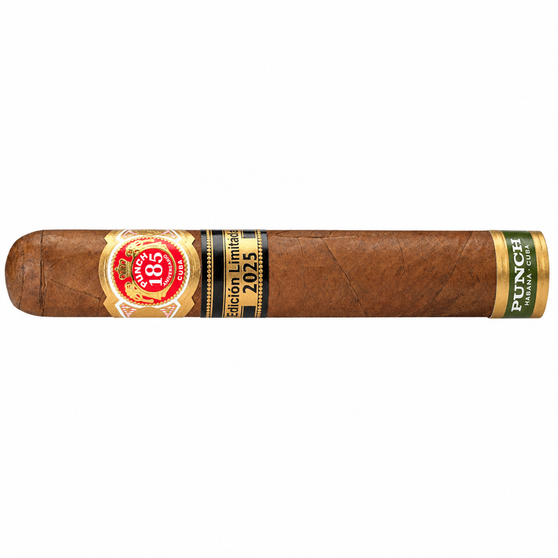 A single cigar shown horizontally on a plain white background, with a brown textured wrapper and decorative bands in red, gold, black, and green. The visible branding on the band includes 'Punch' and 'Edicion Limitada 2025'. LE 2025 - Punch - Princesas