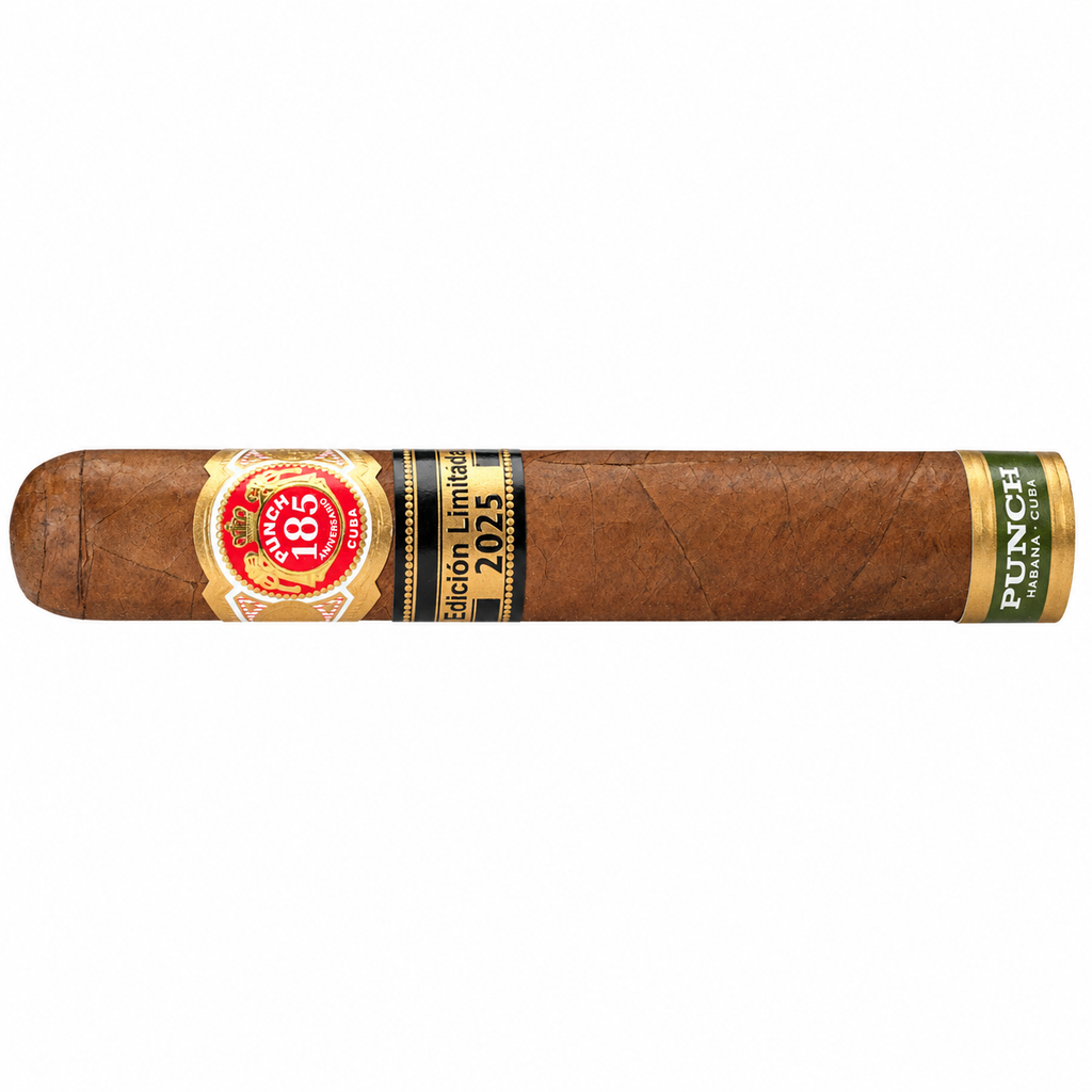 A single cigar shown horizontally on a plain white background, with a brown textured wrapper and decorative bands in red, gold, black, and green. The visible branding on the band includes 'Punch' and 'Edicion Limitada 2025'. LE 2025 - Punch - Princesas