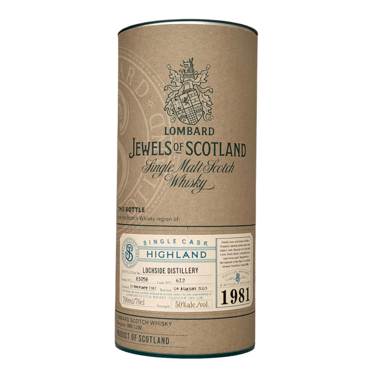 Lochside 1981 24 Year Old Jewels of Scotland presentation tube front
