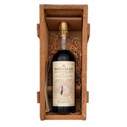 Macallan 1957 25 Year Old Anniversary Malt bottle in open wooden presentation crate