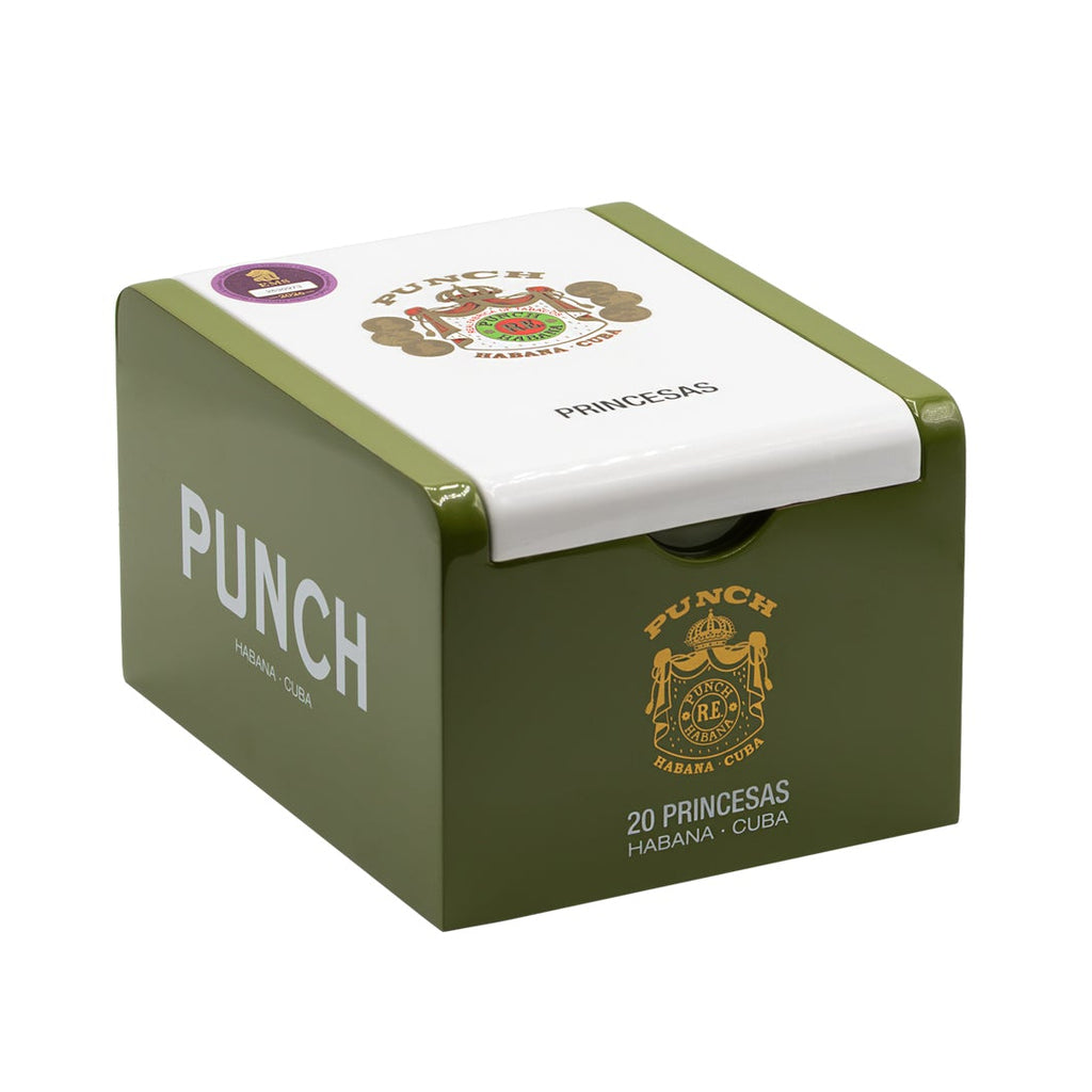 A green and white box of Punch cigar tobacco, featuring the brand's crest and 'PUNCH' and '20 PRINCESAS' text on a clean white background. LE 2025 - Punch - Princesas