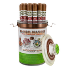 A clear cylindrical cigar storage jar with a copper-toned metal lid and wire handles, filled with brown cigars at the top. The front label reads Ramón Allonés and shows illustrated branding and the text '20 Aniversario'.