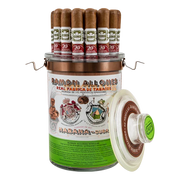 A clear cylindrical cigar storage jar with a copper-toned metal lid and wire handles, filled with brown cigars at the top. The front label reads Ramón Allonés and shows illustrated branding and the text '20 Aniversario'.