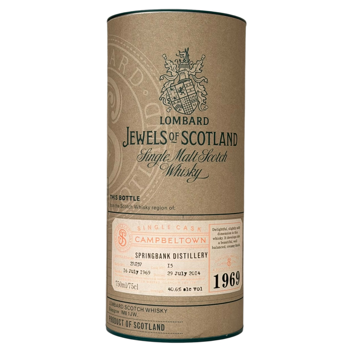 Springbank 1969 45 Year Old Jewels of Scotland presentation tube front